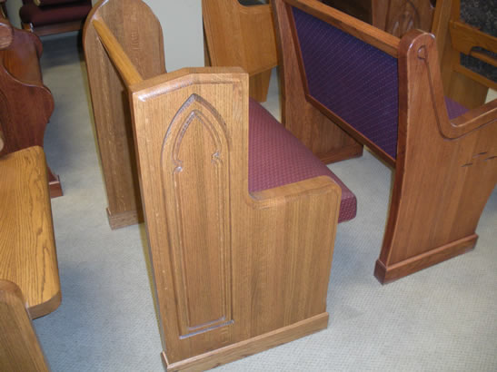 Row of upholstered wooden pews DSCN0536 Fort Wayne, IN